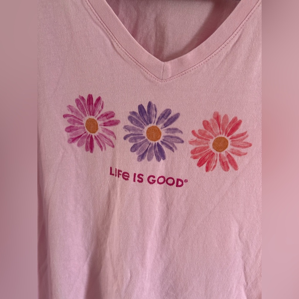 Life Is Good Crusher Lite V Neck Pink Flower Tshirt Womens Size XL - Picture 2 of 5